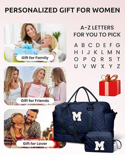Gifts for Girls - Personalized Initial Duffle Bag with Shoe Compartment, Weekender Travel Bag, Makeup Bag, Navy Blue, 12x7x2 inches