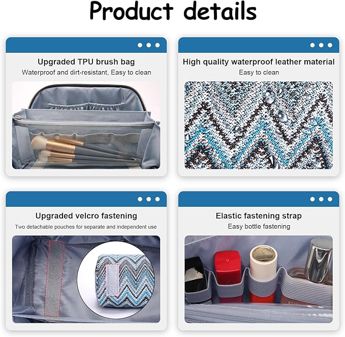 BOYATU Travel Makeup Bag for Women: Western Boho Make up Bag Set of 3 - Large Capacity Vegan Leather Cosmetic Bag - Waterproof Toiletry Bag with Compartments & Handle & Divider(J-4-Blue)