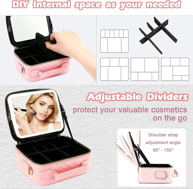 Travel Makeup Bag with Light Up Mirror, Portable Makeup Bag with Led Light Women Waterproof Makeup Travel Case adjustable dividers Rechargeable Vanity Mirror with 3 Color Lights