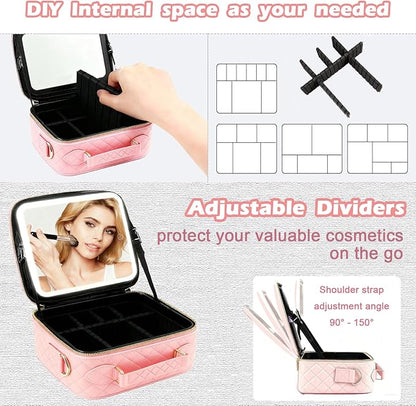 Travel Makeup Bag with Light Up Mirror, Portable Makeup Bag with Led Light Women Waterproof Makeup Travel Case adjustable dividers Rechargeable Vanity Mirror with 3 Color Lights