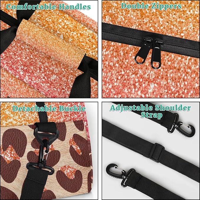 Personalized Kids Sports Duffel Bag with Name Custom Weekender Overnight Bag for Boys Girls Gym Bag Travel Dance Gymnastics Duffel Bag, Pink Glitter Leopard Print