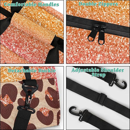 Personalized Kids Sports Duffel Bag with Name Custom Weekender Overnight Bag for Boys Girls Gym Bag Travel Dance Gymnastics Duffel Bag, Pink Glitter Leopard Print