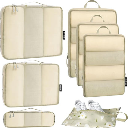 Bagail Ultralight Compression Cubes 7 Set - 3 Packing Cubes, 3 Organizers, and 1 Shoe Bag
