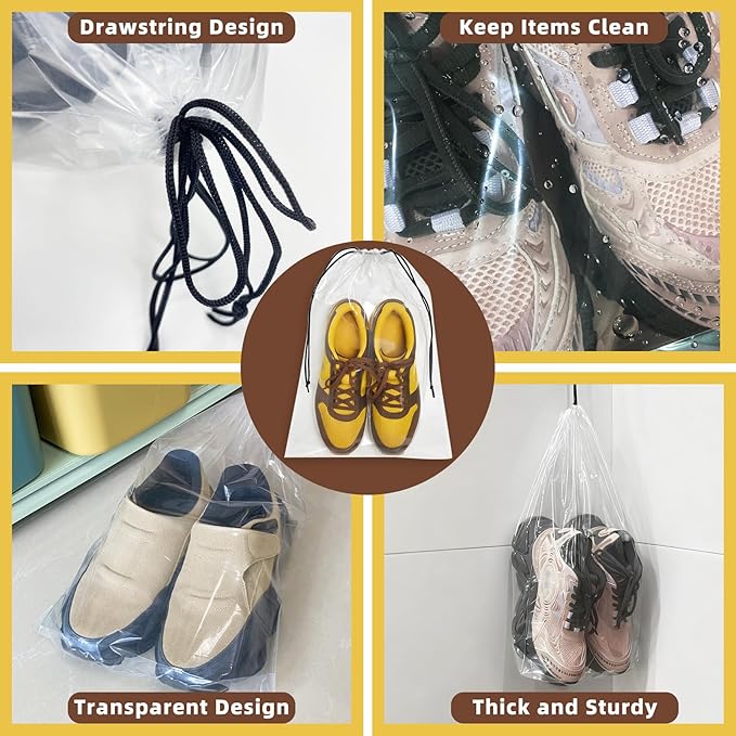 100 Pack Clear Shoe Bags for Travel, 12"x18" Large Travel Shoe Bags for Storage and Packing, Waterproof Drawstring Shoe Bag for Traveling, Bulk Travel Essentials for Men and Women