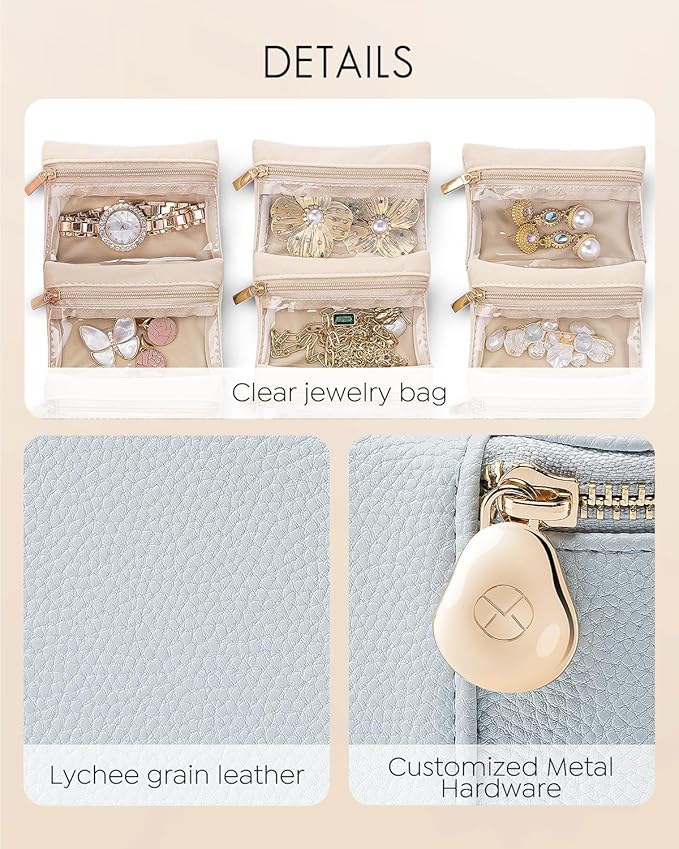 Vlando Small Jewelry Organizer,Travel Jewelry Case with 6 Velvet Jewelry Zipper Bags for Girls,Ideas Gifts for Christmas Wedding,Birthday,Graduation-Baby Blue