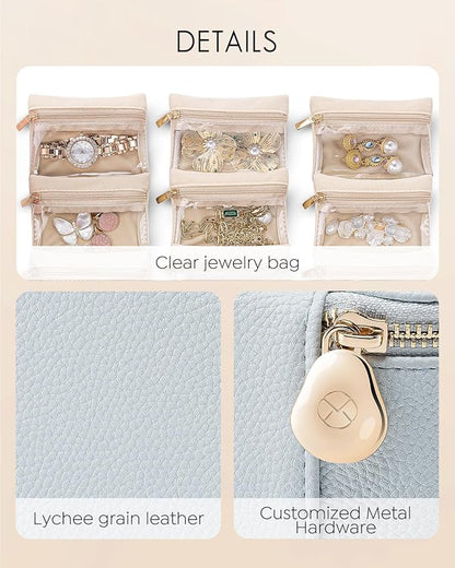 Vlando Small Jewelry Organizer,Travel Jewelry Case with 6 Velvet Jewelry Zipper Bags for Girls,Ideas Gifts for Christmas Wedding,Birthday,Graduation-Baby Blue