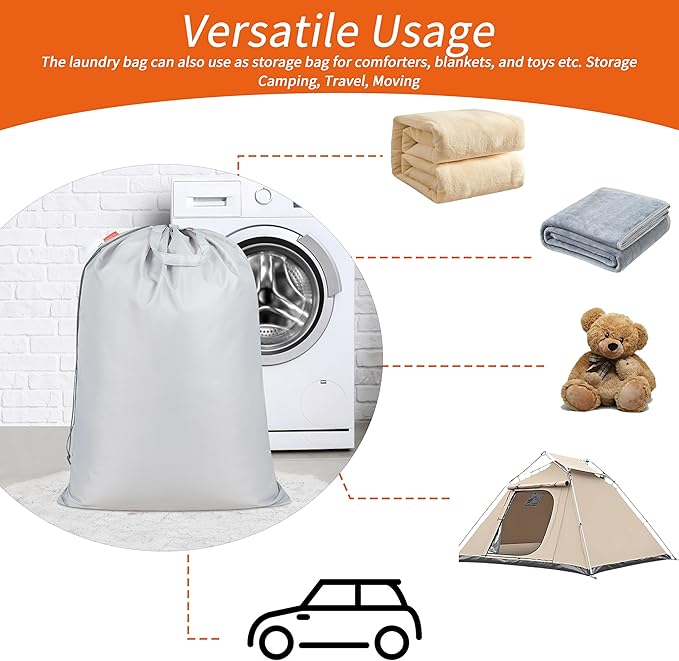 Polecasa Heavy Duty Large Laundry Bag with 130gsm Tear Resistant Fabric and Handles, Easy to Carry Durable Dirty Clothes Drawstring Bag, Perfect for College Dorm, Travel, 2 Pack 28”x36”, Silver