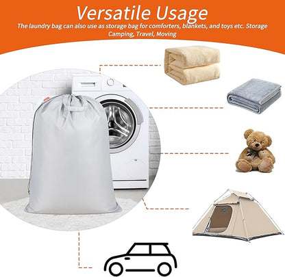 Polecasa Heavy Duty Large Laundry Bag with 130gsm Tear Resistant Fabric and Handles, Easy to Carry Durable Dirty Clothes Drawstring Bag, Perfect for College Dorm, Travel, 2 Pack 28”x36”, Silver