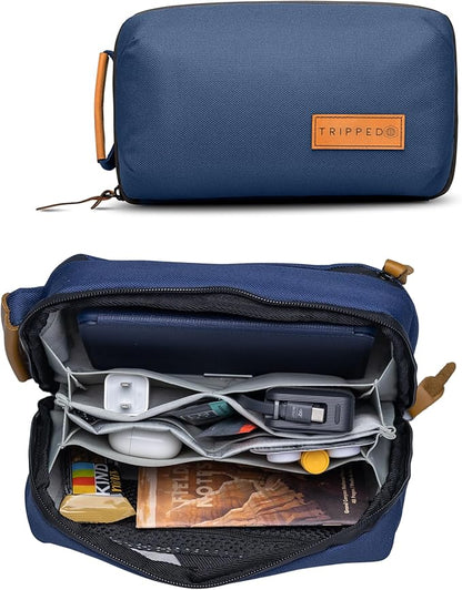 TRIPPED Travel Gear Tech Bag Organizer - Small Electronics Organizer Pouch for Travel - Premium Travel Case with Leather Accents - Mesh Pocket for Cables, Cords and Chargers (Navy)