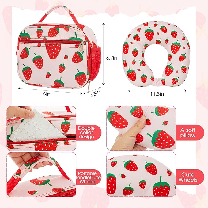 Redbaker 6 Pcs Kids Luggage Set 17 Inch Kids Rolling Luggage Double Pattern Suitcase for Girls Boys School Gift (Blush Pink,17 Inch,Strawberry Style)