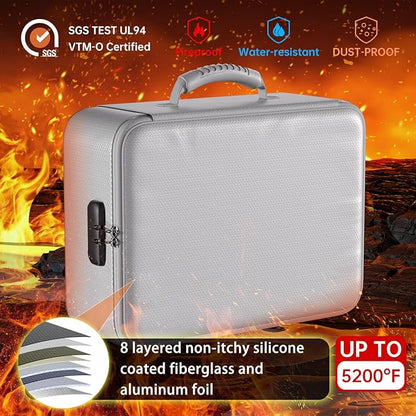 DocSafe 5200°F Document Organizer with Lock,Upgraded Heat Insulated Fireproof＆Waterproof Box 8 Layers File Organizer,Portable Home Travel Safe Storage for Important Documents, Files,Silver (Soft)