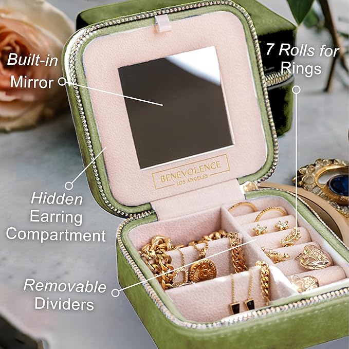 Benevolence LA Plush Velvet Jewelry Box | Travel Jewelry Case Organizer with Mirror | Featured in Oprah's Favorite Things | Best Gifts For Daughter, Girlfriend, Mom | Gifts For Her - Mistletoe Green
