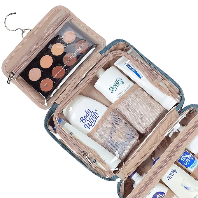 NISHEL Travel Toiletry Bag for Women Large Capacity, Makeup Essentials Organizer, Hanging Case for Accessories, Cosmetics, Lake-Blue