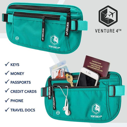 VENTURE 4TH Travel Money Belt - Slim Passport Holder RFID Blocking Travel Pouch to Protect Cash, Credit Cards and Travel Documents (Turquoise)