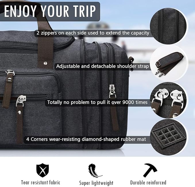 Canvas Travel Duffel Bag for Men Birthday Gifts Overnight Weekend Bag (Black)
