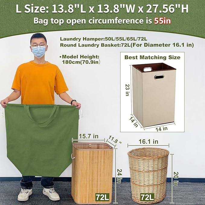 Canvas Laundry Bags with Handles & Square Base13.8"x 13.8", Large Heavy Duty Laundry Basket Hamper Liner, College Dorm Washable Drawstring Cotton Dirty Clothes Bag (Army Green)