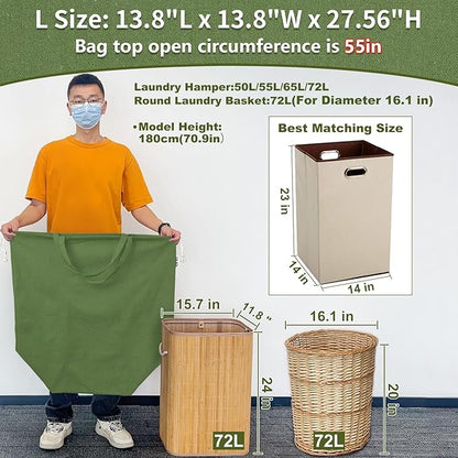 Canvas Laundry Bags with Handles & Square Base13.8"x 13.8", Large Heavy Duty Laundry Basket Hamper Liner, College Dorm Washable Drawstring Cotton Dirty Clothes Bag (Army Green)