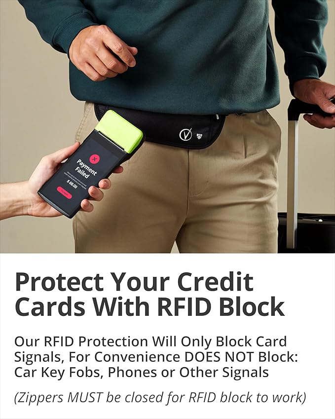 Vantamo Money Belt with RFID For Men & Women, Hidden Passport Holder for Travel, 2 Compartment Travel Fanny Pack for Women Anti Theft