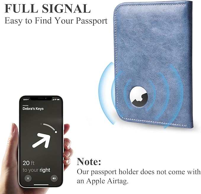QIELIZI Passport Holder with Airtag Slot, Airtag Passport Wallet for Men Women, Slim Leather Passport Holder Case Family for Travel Anti-Lost(1-Grey Blue)