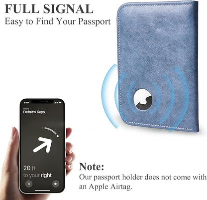 QIELIZI Passport Holder with Airtag Slot, Airtag Passport Wallet for Men Women, Slim Leather Passport Holder Case Family for Travel Anti-Lost(1-Grey Blue)