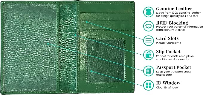 Personalized Monogrammed Emerald Green Leather RFID Passport Wallet and Luggage Tag