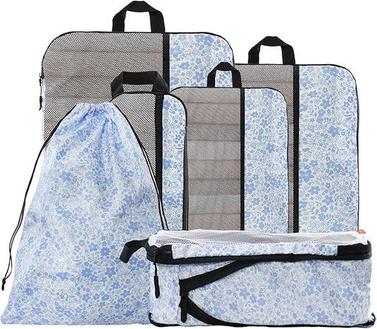 U+U 6 Set Compression Packing Cubes - Ultralight Travel Organizers with Laundry Bag, Space-Saving Suitcase Organizer for Travel, Business Trip and Family Vacation (Blue Flower)