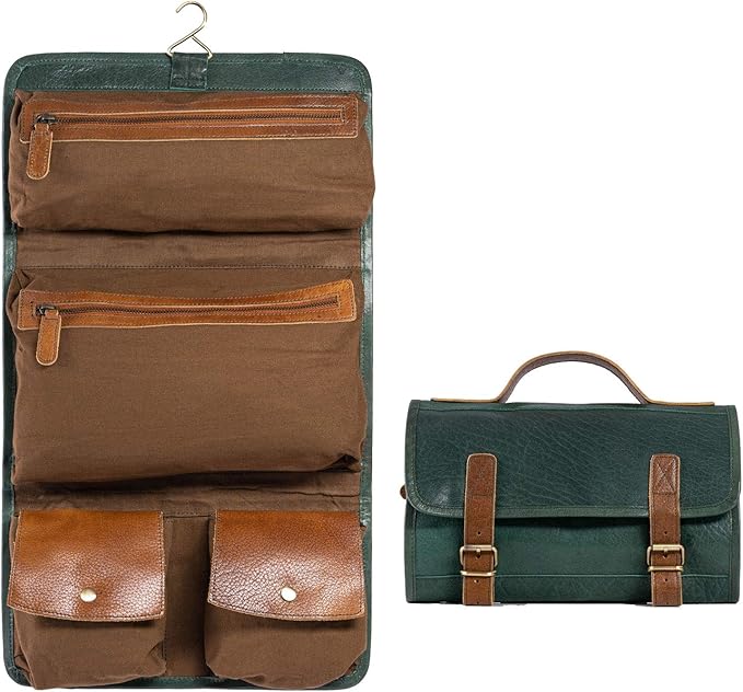 KomalC Premium Buffalo Leather Hanging Toiletry Bag Travel Dopp Kit