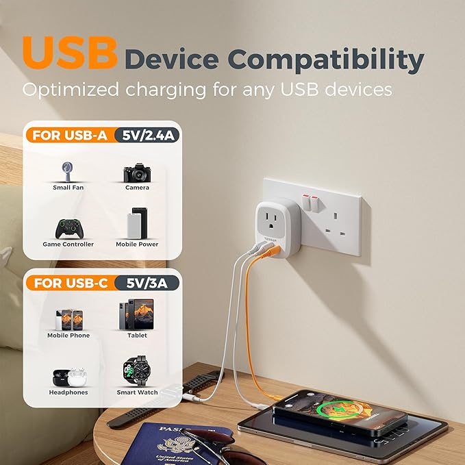 2 Pack UK Adapters for Travel, TESSAN Ireland Plug Adapter with 3 USB Ports (1 USB C), Type G Power Outlet for US to UK Scotland England Dubai Hong Kong London British Kenya Irish Qatar