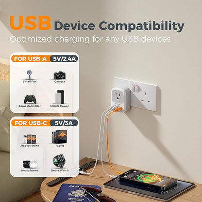 2 Pack UK Adapters for Travel, TESSAN Ireland Plug Adapter with 3 USB Ports (1 USB C), Type G Power Outlet for US to UK Scotland England Dubai Hong Kong London British Kenya Irish Qatar
