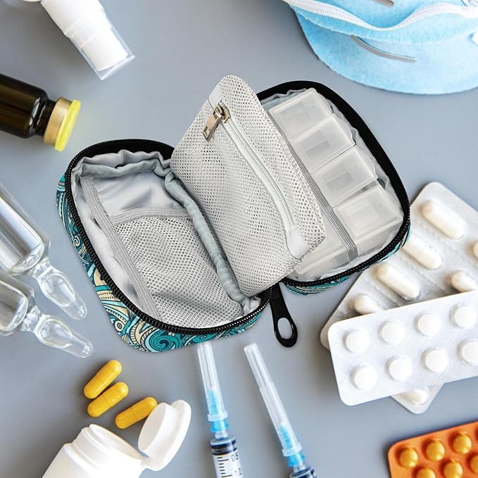 Fustylead Beautiful Vintage Paisley Pill Organizer Travel Portable Zipper Cloth Bag for Holding Weekly Supplements Vitamins and Fish Oils