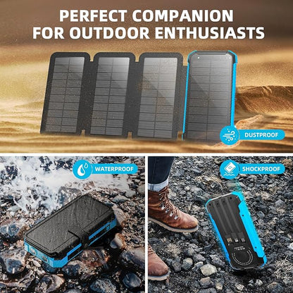 Solar Power Bank 20000mAh Portable Wireless Charger 15W USB-C Fast Charging External Battery Pack Compatible with iPhone, iPad, Samsung More, Dual LED Flashlights Perfect for Camping, Hiking, Outdoor