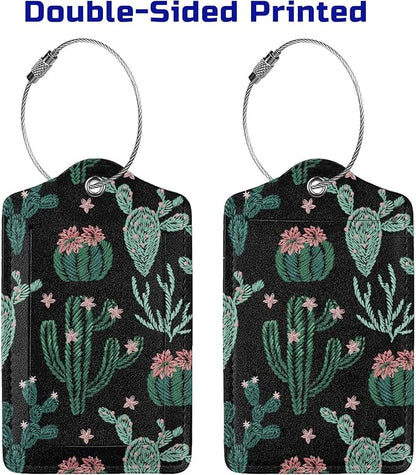 2 Pcs Cute Cactus Luggage Tags for Suitcases for Women Girls Boys Men Travel, Funny Leather Bag Tags Suitcase Labels for Luggage Backpack with Stainless Steel Loop, Full Back Privacy Cover