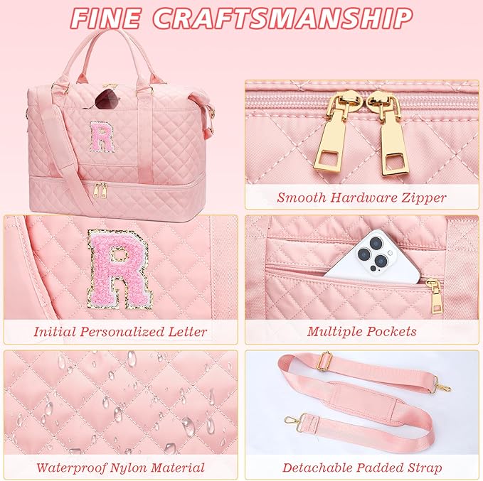 Gifts for Women Teen Girls Birthday Christmas Initial Travel Duffle Bag Quilted Weekender Bags Carry-On Overnight with Cosmetic Bag, Gym Bag with Shoe Compartment, Pink-R