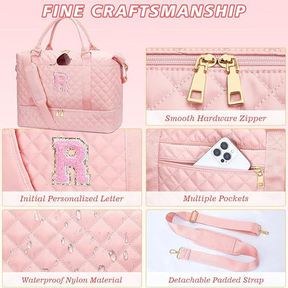 Gifts for Women Teen Girls Birthday Christmas Initial Travel Duffle Bag Quilted Weekender Bags Carry-On Overnight with Cosmetic Bag, Gym Bag with Shoe Compartment, Pink-R