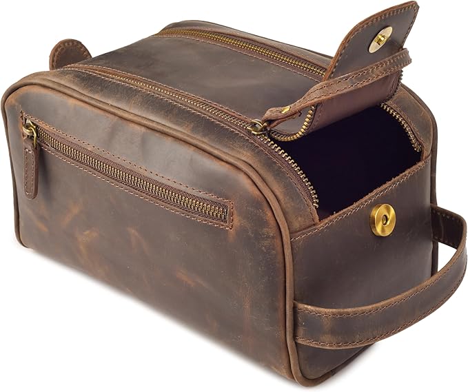 LEATHER VILLAGE Premium Leather Toiletry Travel Pouch With Waterproof Lining - Brown | King-Size Handcrafted Vintage Dopp Kit Bag, Shaving & Bathroom Organizer, Gift for Men & Women