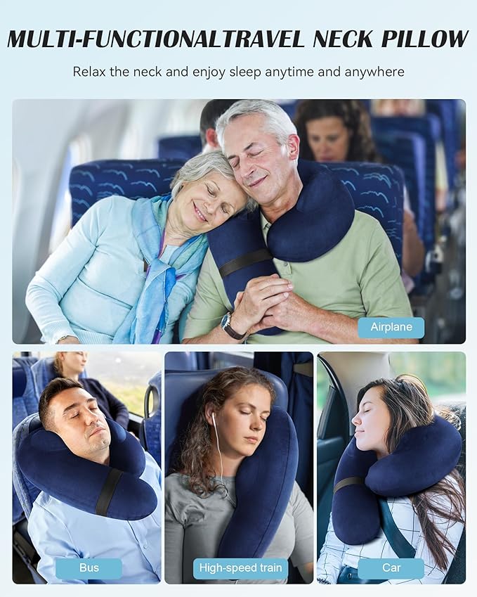 Patented Design Inflatable Travel Neck Pillow – Airplane Neck Pillow with 360° Head & Neck Support, Soft Washable Velvet Cover, Compact Neck Support Pillow for Airplane,Train,Car,Office & Home (Blue)