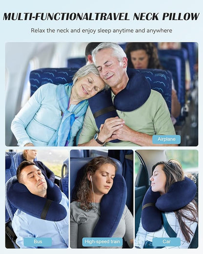 Patented Design Inflatable Travel Neck Pillow – Airplane Neck Pillow with 360° Head & Neck Support, Soft Washable Velvet Cover, Compact Neck Support Pillow for Airplane,Train,Car,Office & Home (Blue)