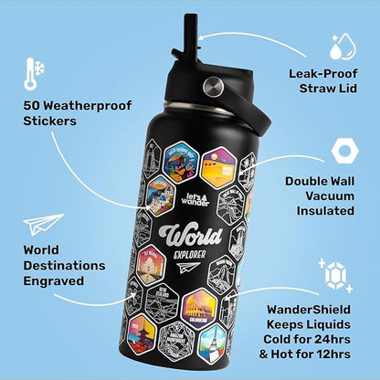 LET'S WANDER World Explorer Adventure Water Bottle with 50 Waterproof Stickers - 32oz Leakproof Insulated Stainless Steel with Straw - Travel Goal Gift Bottle (Black)