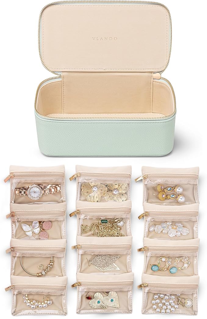 Vlando Jewelry Organizer with 12 Velvet Jewelry Bags Travel Jewelry Case for Girls Premium Petal Hardware Jewelry Box Necklace Rings Earrings Bags Birthday Christmas Gifts for Self-Mint Green