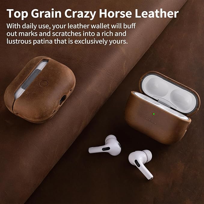 Belemay for AirPods Pro (2nd Generation) Case – Premium Crazy Horse Leather - Rich Patina- Secure Grip - Compatible with MagSafe and Wireless Charging - Compatible with Airpods Pro 2 Case - Brown