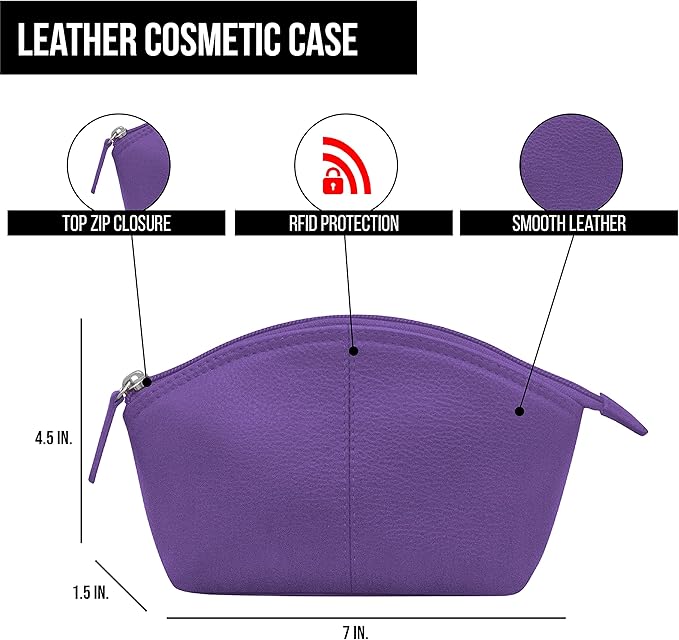 ili New York Genuine Leather Cosmetic Pouch - RFID Blocking Leather Travel Organizer Bag with Top Zip Closure and Interior Zip Pocket, Compact Lightweight Make Up Bags, Purple