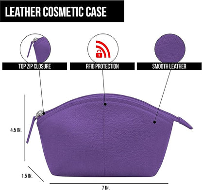 ili New York Genuine Leather Cosmetic Pouch - RFID Blocking Leather Travel Organizer Bag with Top Zip Closure and Interior Zip Pocket, Compact Lightweight Make Up Bags, Purple