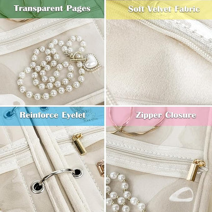 Travel Jewelry Organizer Case,Jewelry Bags for Traveling, Jewelry Binder with 24 Pcs Clear Zipper Velvet Pouches for Storing Earrings, Rings, Necklace, Bracelet, Watch (Beige)