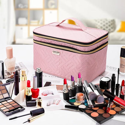 8.8L Double Layer Travel Makeup Bag With Mirror For Women, Large Cosmetic Case, Organizer for Travel-Size Accessories Bottles, Brushes,and Skin Care Products, 2.33 GAL, Pink
