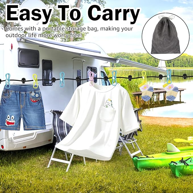 3 Pcs Travel Clothesline with 12 Colorful Clips, Portable Clothes Line Elastic Travel Clothesline for Indoor and Outdoor Balcony Outdoor Camping Use