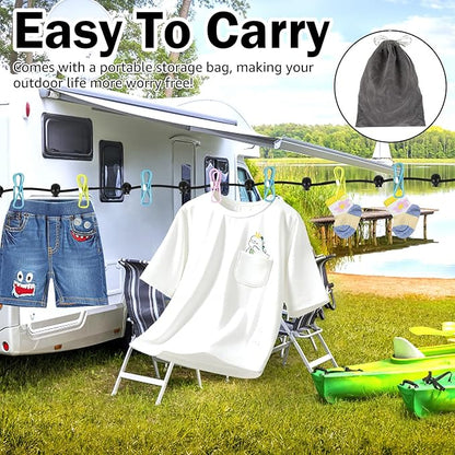 3 Pcs Travel Clothesline with 12 Colorful Clips, Portable Clothes Line Elastic Travel Clothesline for Indoor and Outdoor Balcony Outdoor Camping Use