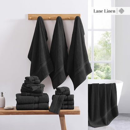 LANE LINEN Luxury Towels Set - 3 Piece Set, 100% Cotton Bathroom Towels, Zero Twist, Quick Dry Shower Towels, Absorbent Bath Towel, Super Soft, 1 Bath Towel, 1 Hand Towel, 1 Wash Cloths - Black