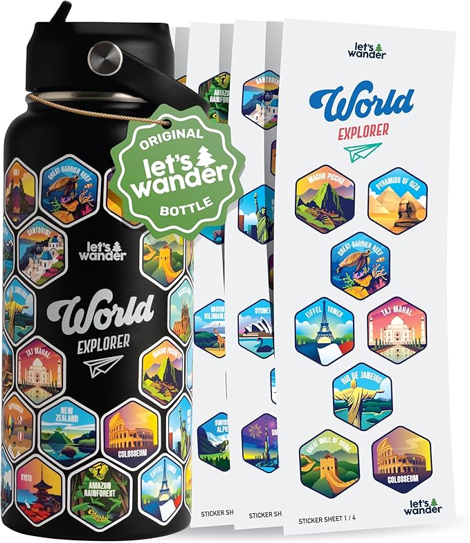LET'S WANDER World Explorer Adventure Water Bottle with 50 Waterproof Stickers - 32oz Leakproof Insulated Stainless Steel with Straw - Travel Goal Gift Bottle (Black)