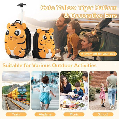 HONEY JOY Kids Luggage, 12” Children Hardshell Backpack & 16” Toddler Travel Rolling Suitcase, 2 Pcs Lightweight Carry On Luggage Set, Kids Luggage with Wheels for Girls & Boys(Orange Tiger)