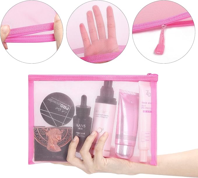 12 Pieces Zipper Nylon Mesh Pouch, Mesh Cosmetic Bags Makeup Bags Pencil Case, Multipurpose Travel Bags for Cosmetic School Office Supplies and Travel Accessories (Pink, A5+B6) (WB06)
